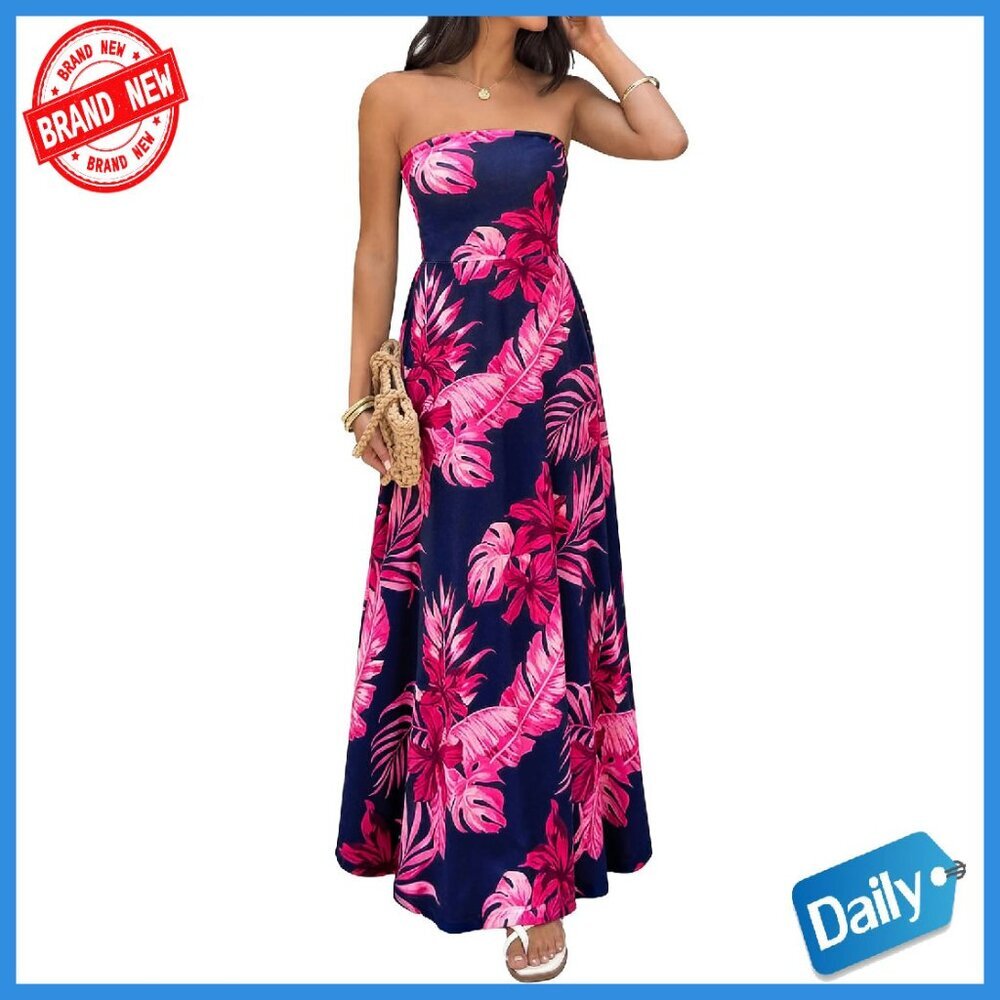 Sleeveless Floral Maxi Dress Tube Top Flowy Long Beach Cocktail